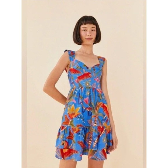 Farm Rio Macaw Party blue bustier ruffle tiered mini dress SZ L Tropical Sundres - Picture 1 of 5